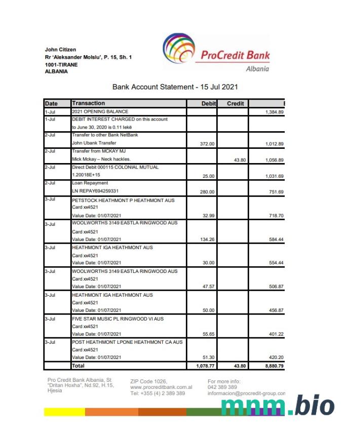 Szablon wyciągu bankowego Albania Credins w programie Word i PDF